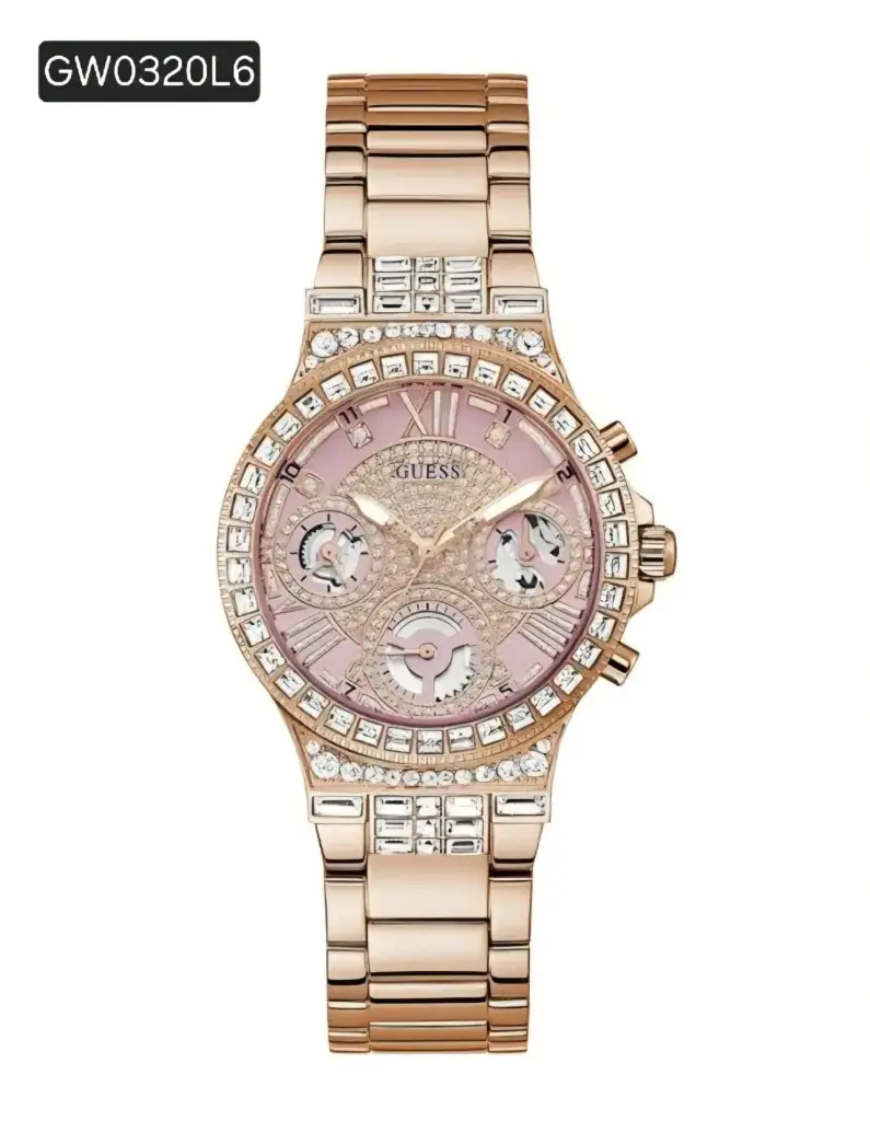 GW0320L6 GUESS GLITZ DIAMONDS PINK DIAL ROSE GOLD STEEL STRAP WATCH WOMEN 